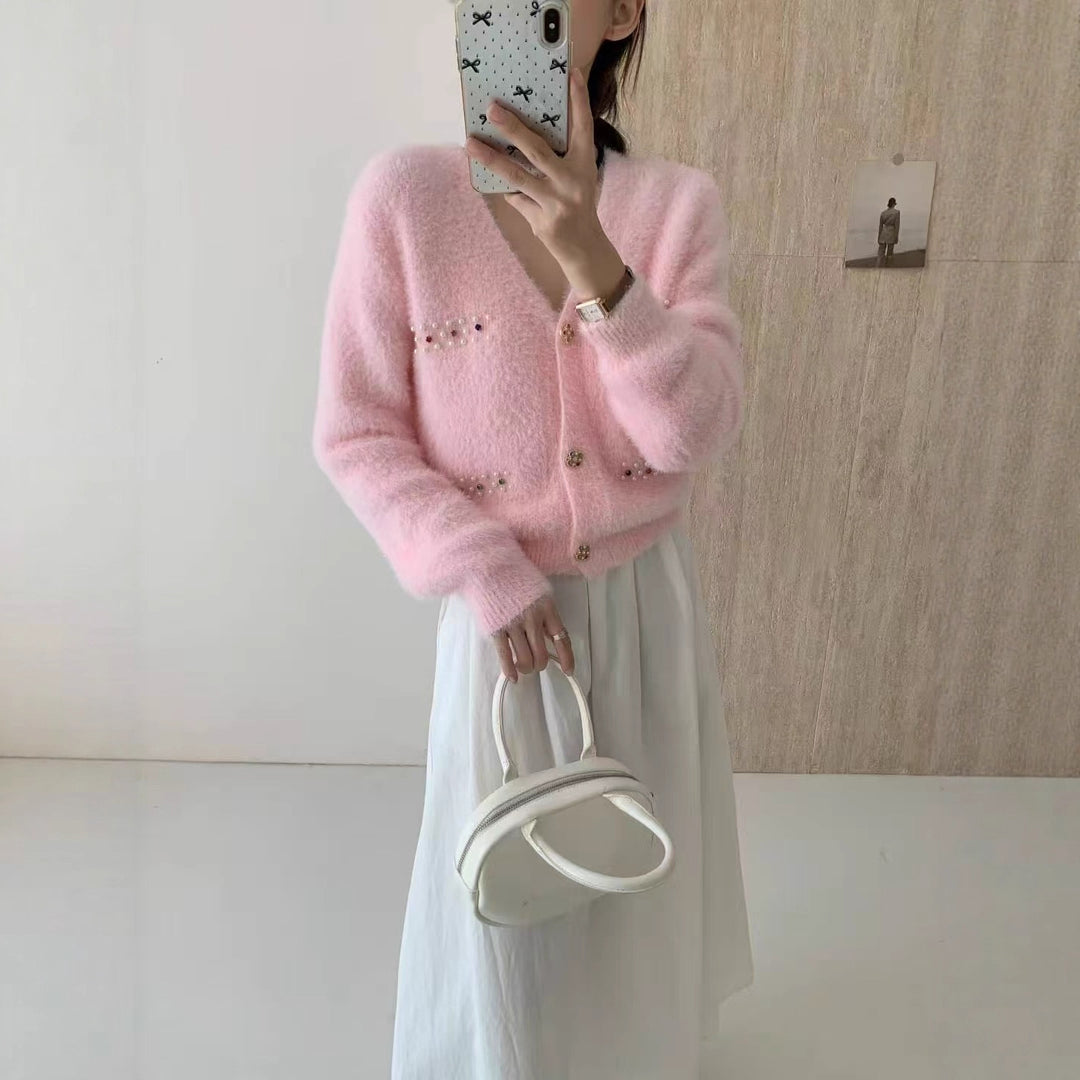 Damen Verspielter V-Ausschnitt Cardigan mit Perlen Drune