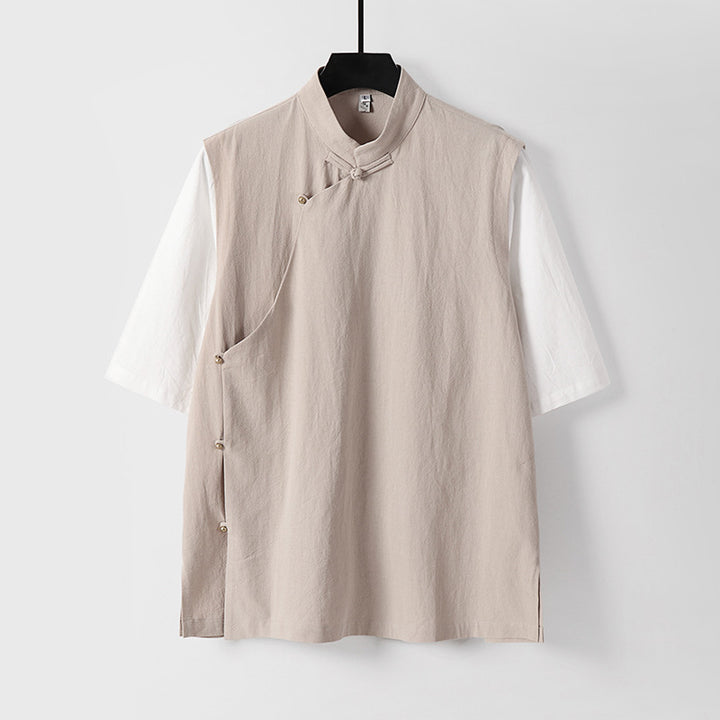 Herren Asymmetrische Leinenweste mit Stehkragen und seitlicher Knopfleiste Drune