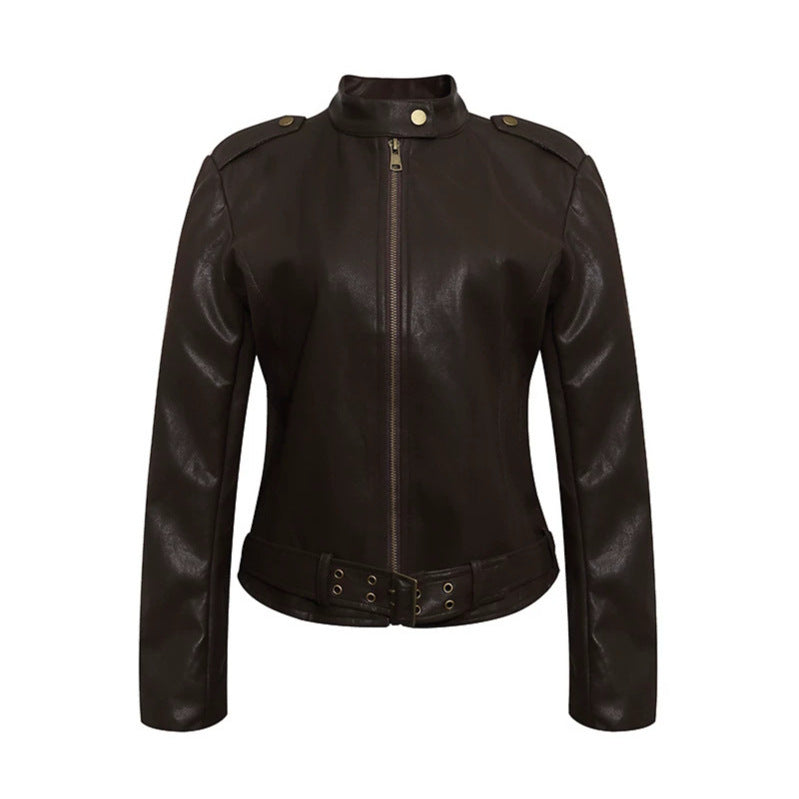 Damen Taillierte Lederoptik-Jacke mit Stehkragen, Schulterklappen und Taillengürtel Drune
