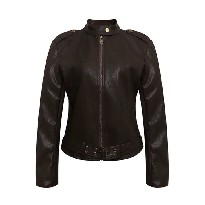 Damen Taillierte Lederoptik-Jacke mit Stehkragen, Schulterklappen und Taillengürtel Drune