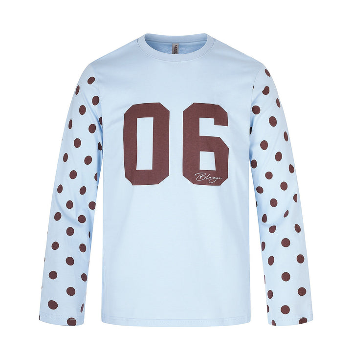 Damen Langärmliges Statement-Shirt mit Polka‑Dot-Ärmeln und Zahlendruck Drune