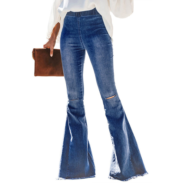 Damen hochtaillierte ausgestellte Denim-Hose mit elastischem Tunnelzugbund, Ziernähten und rohem Saum Drune
