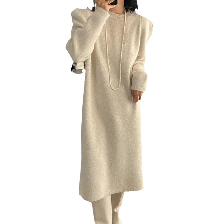 Damen elegantes Strickkleid mit Puffärmeln und Rundhalsausschnitt Drune