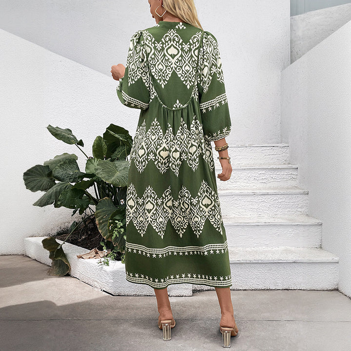 Damen lässiges Maxikleid mit elegantem ethnischem Muster und praktischen Taschen Drune