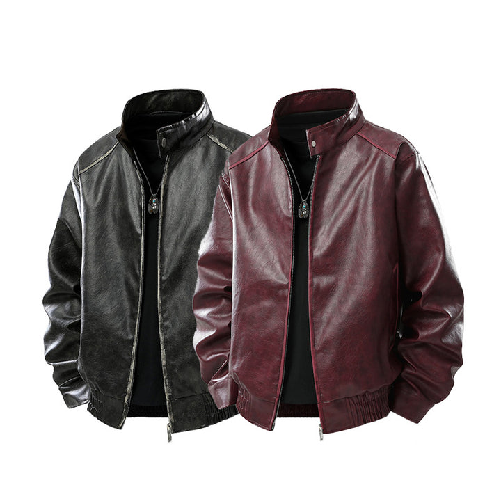 Herren Modern geschnittene Kunstleder-Fliegerjacke mit Stehkragen, Reißverschluss und elastischem Saum Drune