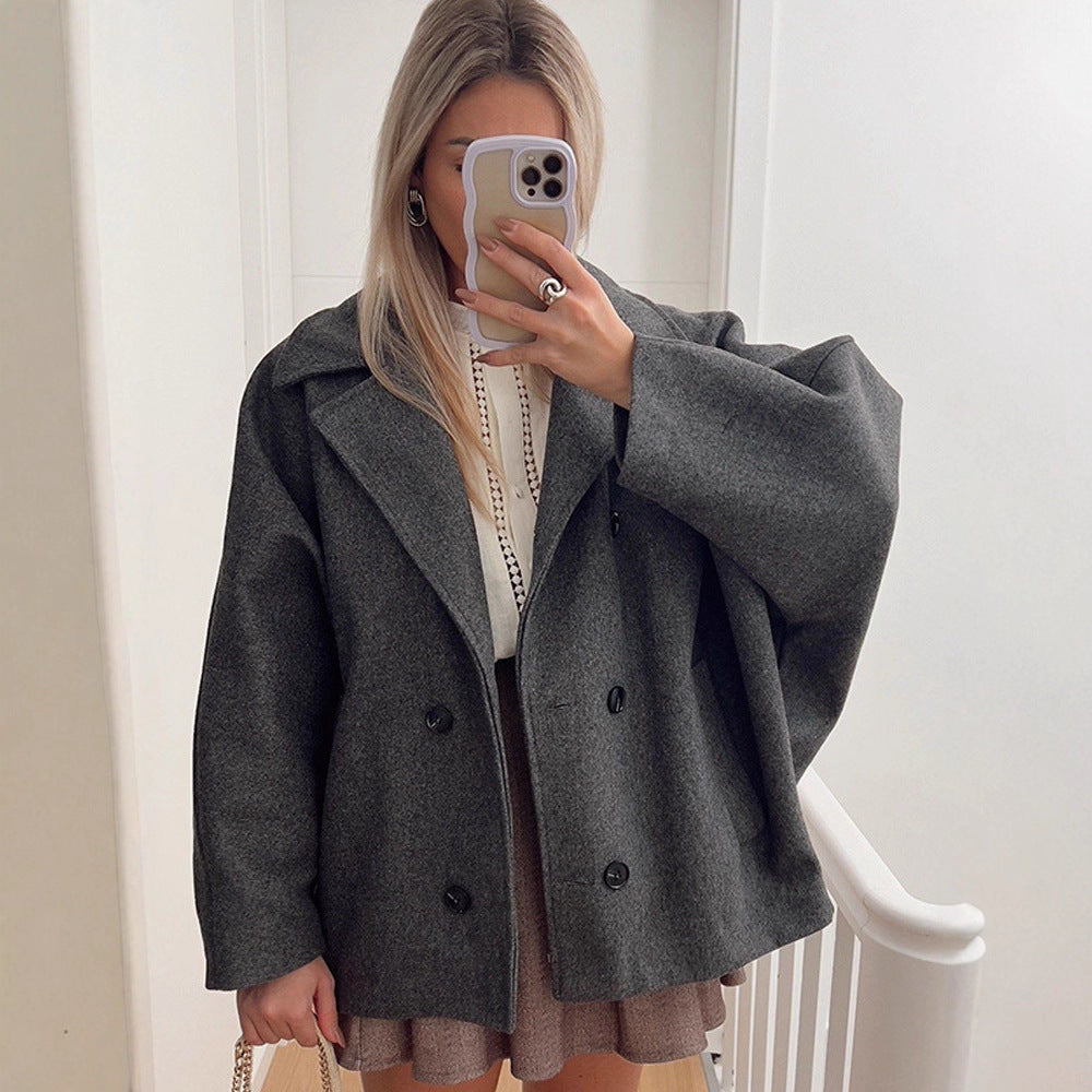 Damen Boxy-Wollmix-Cocoon-Jacke mit doppelreihiger Knopfleiste und weitem Revers Drune