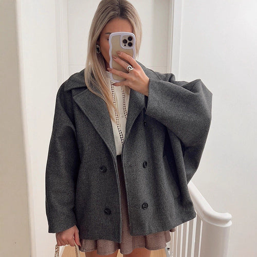 Damen Boxy-Wollmix-Cocoon-Jacke mit doppelreihiger Knopfleiste und weitem Revers Drune