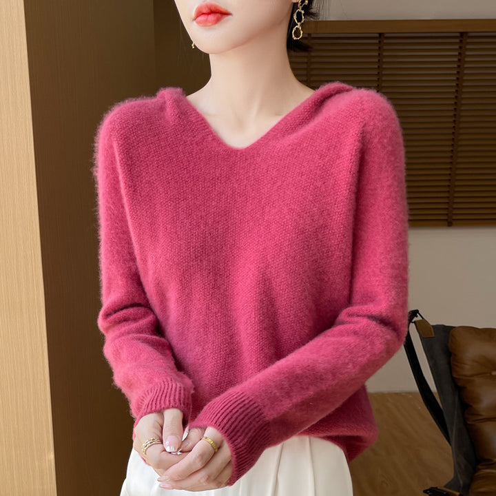 Damen Weicher Mohair‑Optik Kapuzenpullover mit V‑Ausschnitt und geripptem Saum Drune