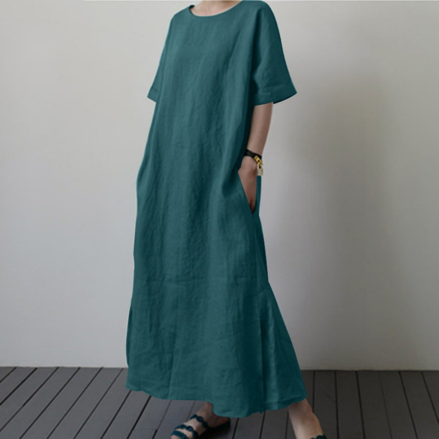 Damen Leinenmaxikleid mit weit geschnittenen Ärmeln und Taillengürtel Drune