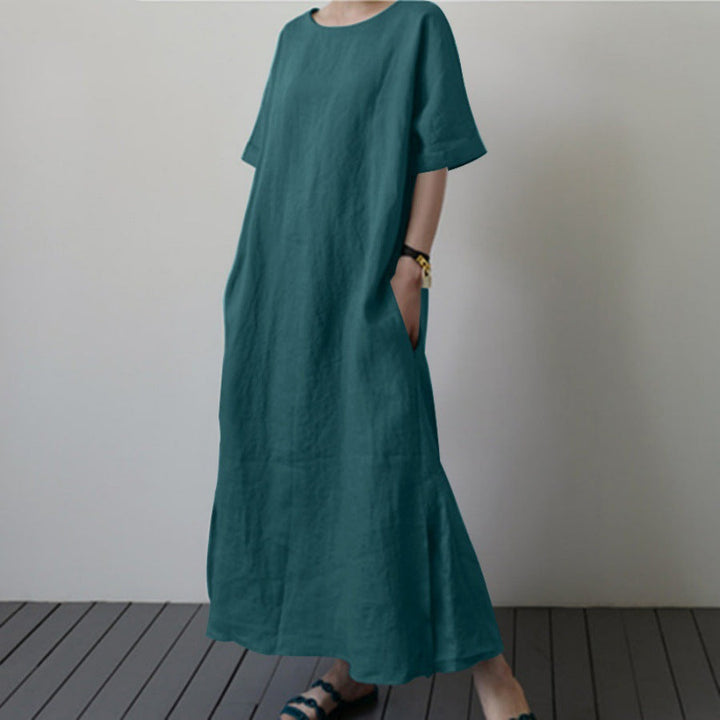 Damen Leinenmaxikleid mit weit geschnittenen Ärmeln und Taillengürtel Drune