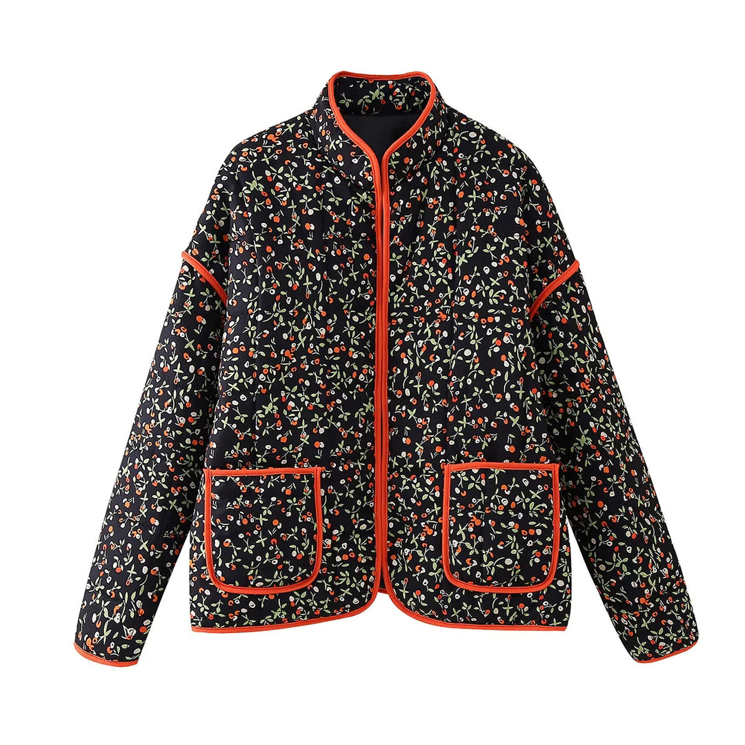 Damen nan gesteppte Blumenjacke mit Stehkragen Reißverschluss und aufgesetzten Taschen Drune
