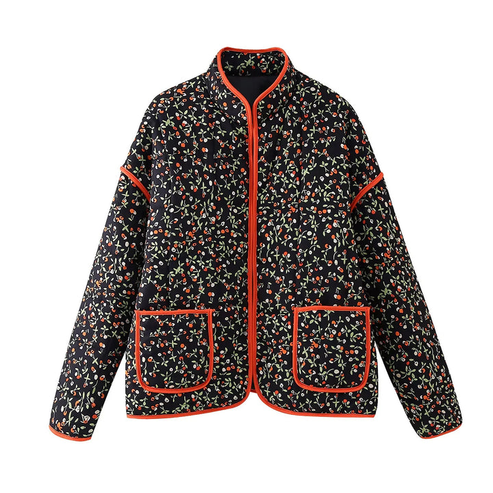 Damen nan gesteppte Blumenjacke mit Stehkragen Reißverschluss und aufgesetzten Taschen Drune