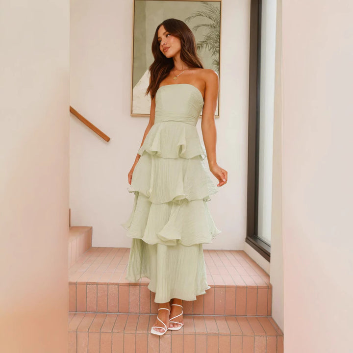 Damen Maxi-Rüschenkleid mit trägerlosem Design und fließendem Rock Drune