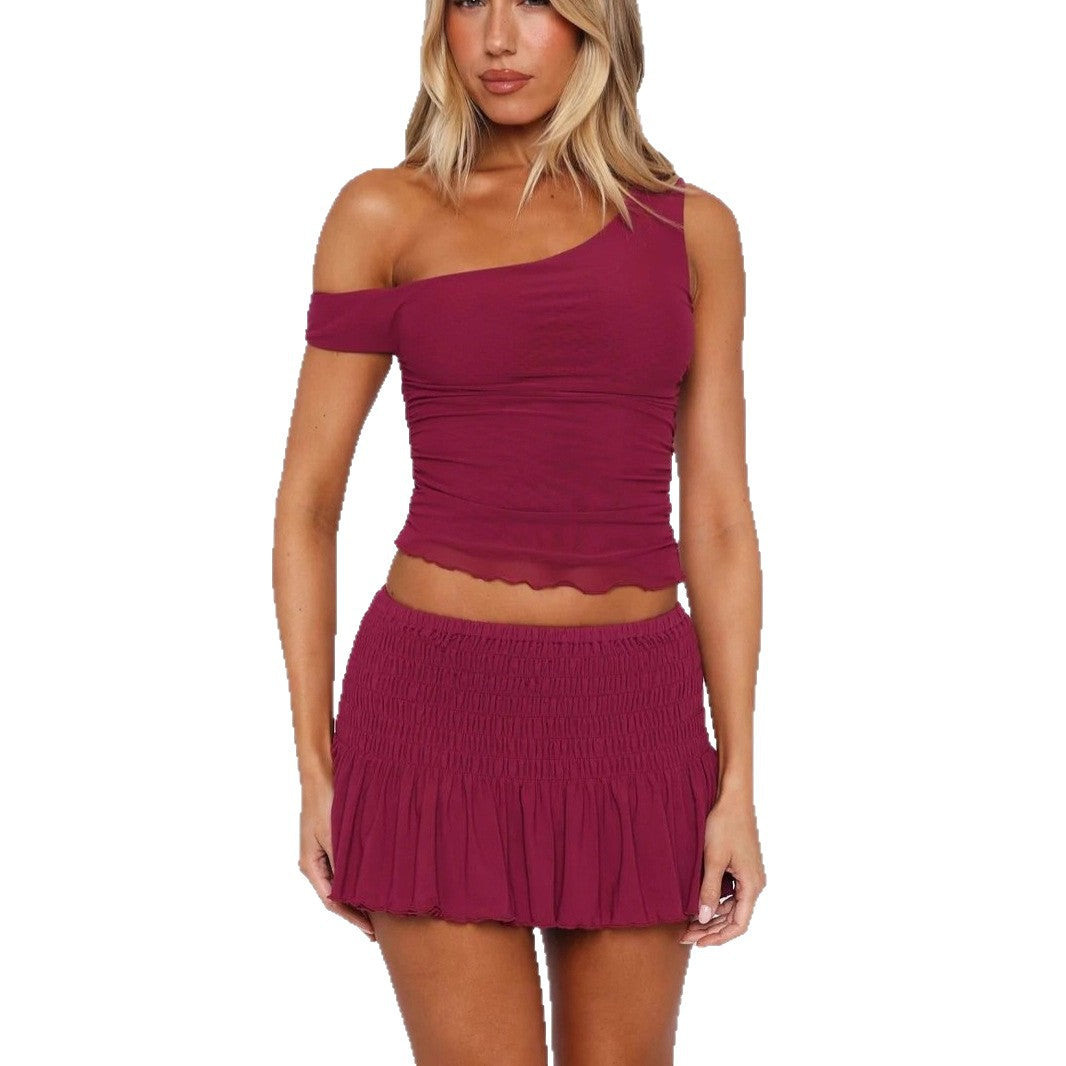 Damen Set mit off-shoulder Oberteil und gerafftem Rock Drune