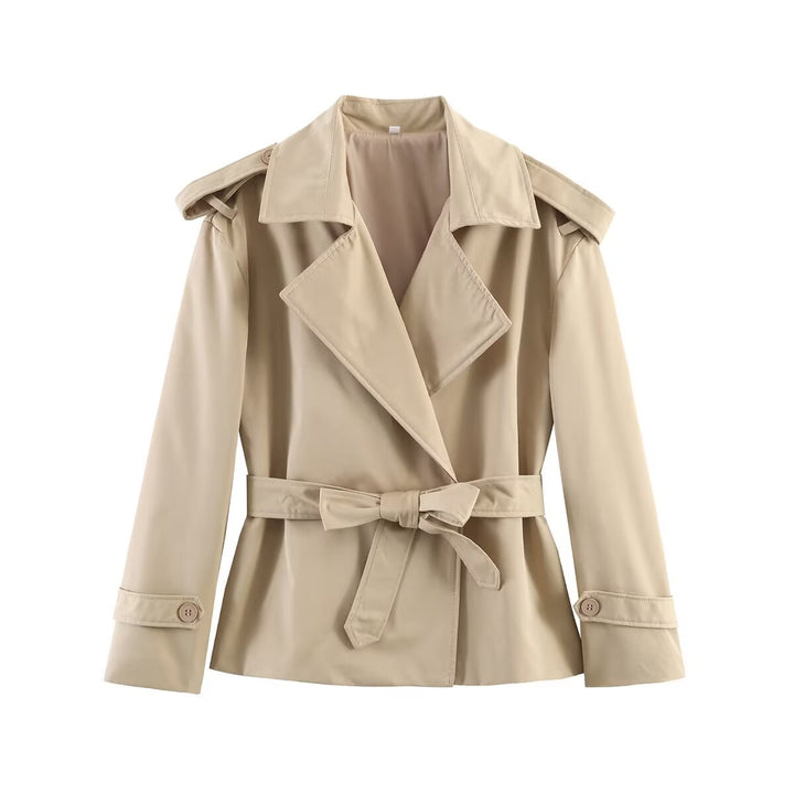 Damen kurzer Trenchcoat mit Taillengürtel, doppelreihiger Front und Schulterklappen Drune