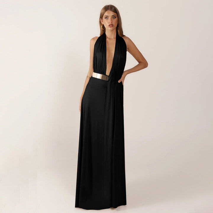 Damen Elegantes Maxikleid mit tiefem V-Ausschnitt und dekorativem Gürtel Drune