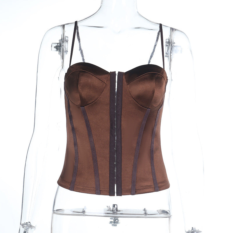 Damen figurbetonte Satin-Corsage mit feinen Trägern und dekorativen Einsätzen Drune