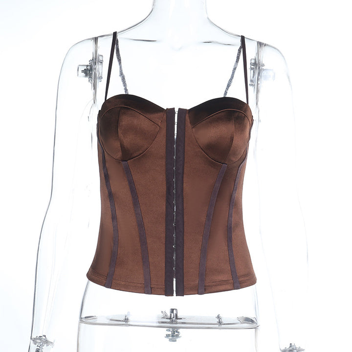 Damen figurbetonte Satin-Corsage mit feinen Trägern und dekorativen Einsätzen Drune