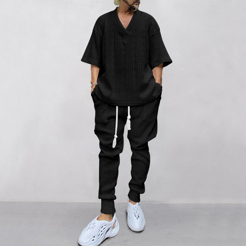 Herren nan lässiges Strickset mit V-Ausschnitt und Kordelzug-Joggerhose Drune