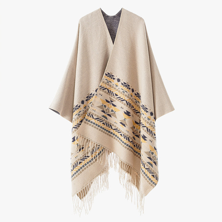 Damen V-Kragen-Überwurfponcho im Kimono-Fall mit Ethno-Bordüre und Fransensaum Drune
