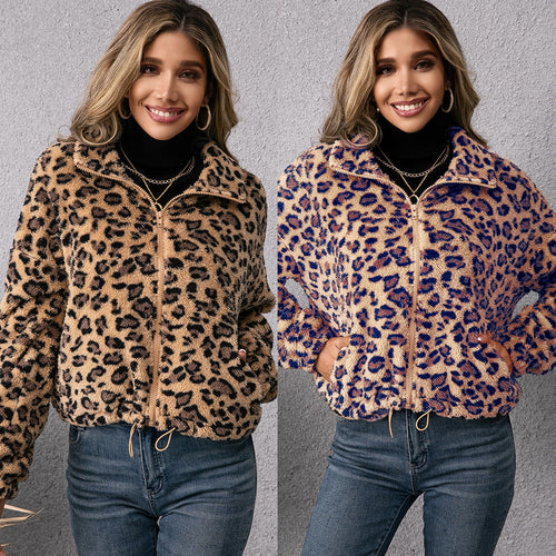 Damen Fleecejacke mit Leoparddruck und seitlichen Taschen Drune