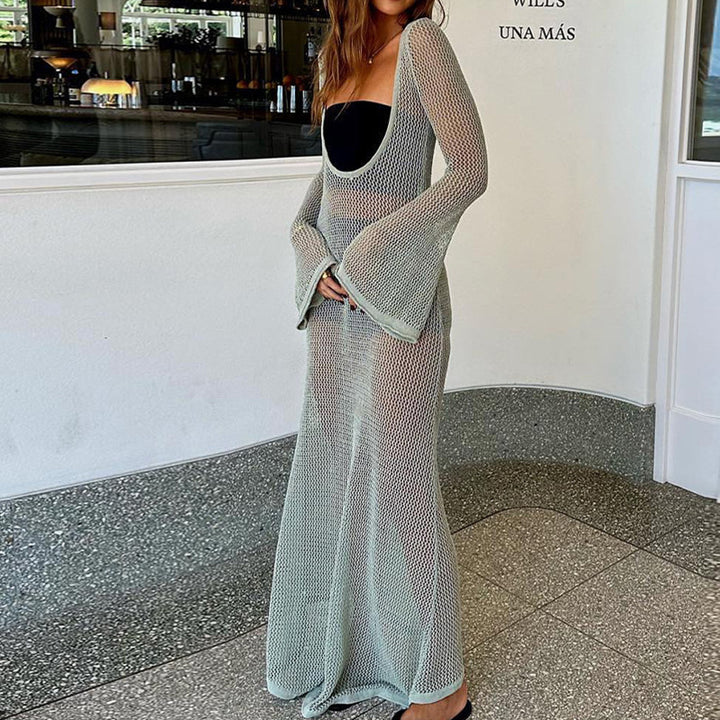 Damen Häkel-Strandmaxikleid mit weitem Schnitt und eleganten Glockenärmeln Drune