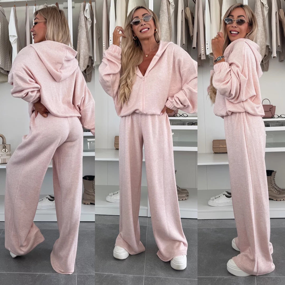 Damen Loungewear-Anzug aus weichem Fleece mit Kapuze und weitem Schnitt Drune