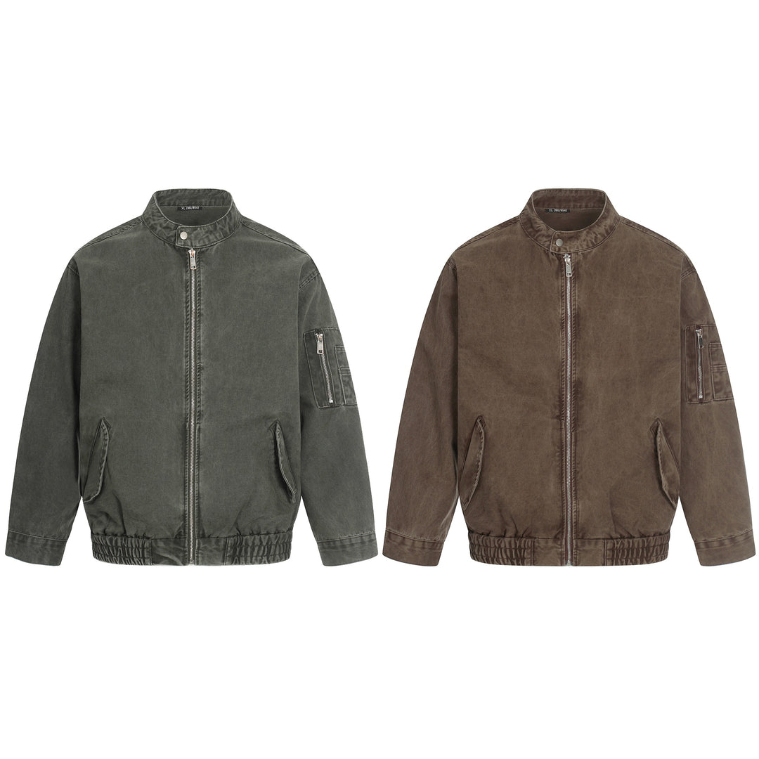 Herren kurz geschnittene Vintage‑Wasch Bomberjacke im Boxy‑Cut mit Stehkragen und Ärmel‑Reißverschluss Drune