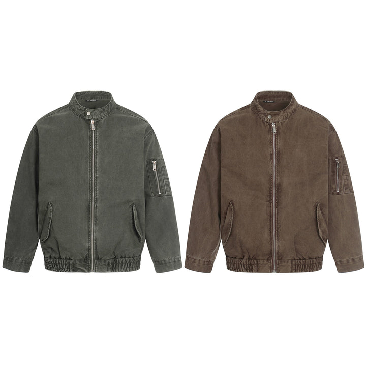 Herren kurz geschnittene Vintage‑Wasch Bomberjacke im Boxy‑Cut mit Stehkragen und Ärmel‑Reißverschluss Drune