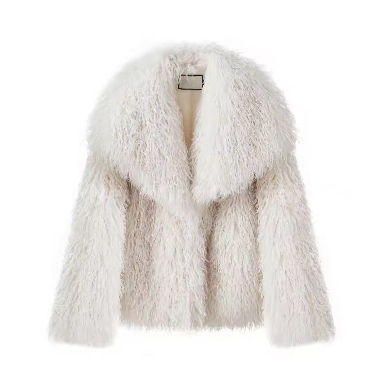 Damen Kurzjacke aus langflorigem Kunstpelz mit extra breitem Schalkragen Drune