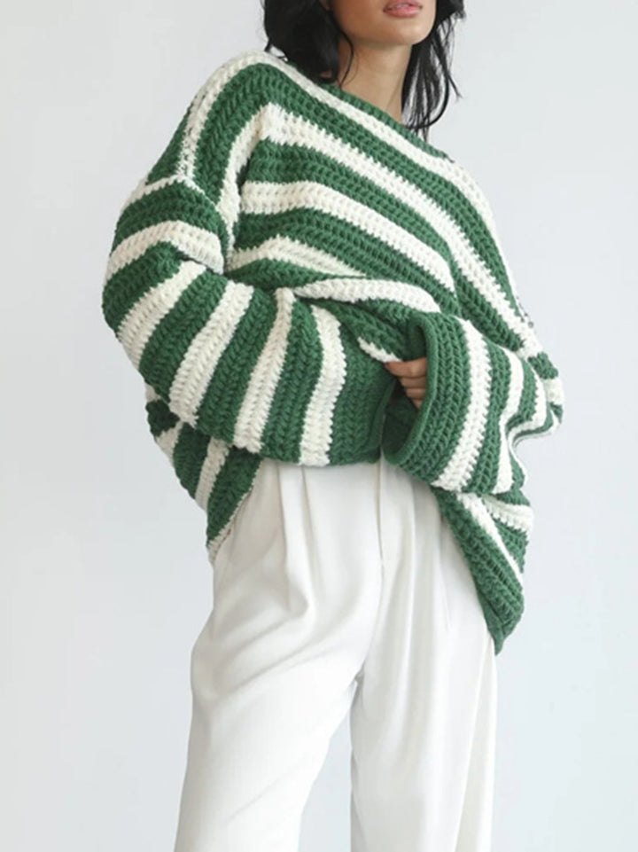 Damen gestrickter Oversized-Pullover mit breitem Streifenmuster Drune