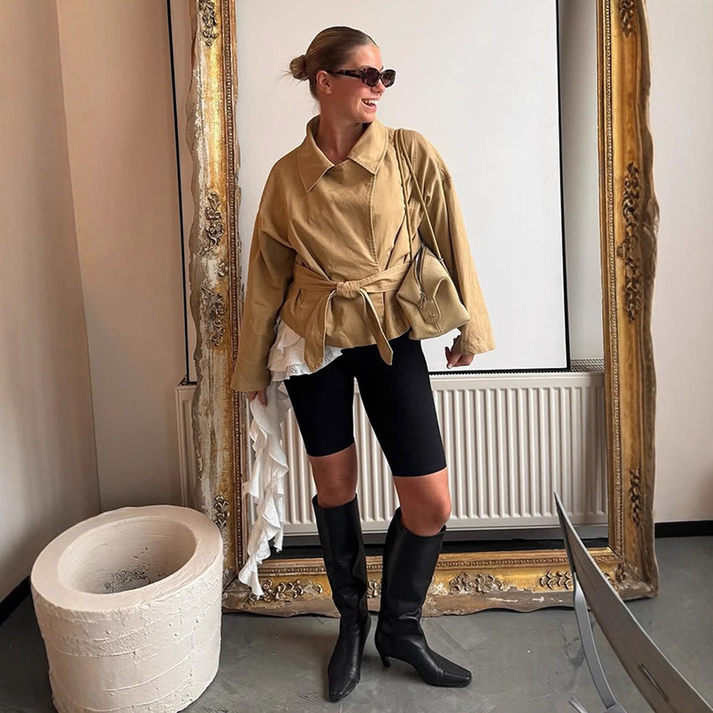 Damen lässige Oversized-Jacke mit Taillenschnürung Drune