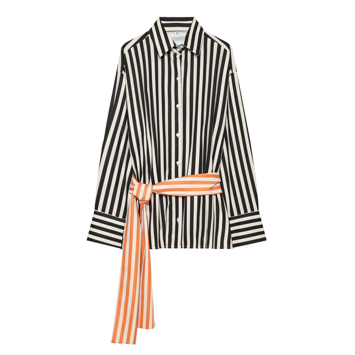 Damen Oversize-Hemdbluse mit vertikalen Streifen und kontrastierendem Taillenband Drune