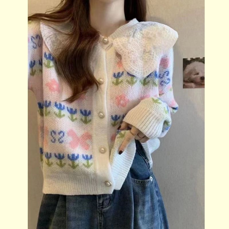 Damen Strickjacke mit floralen Mustern und großem Kragen Drune