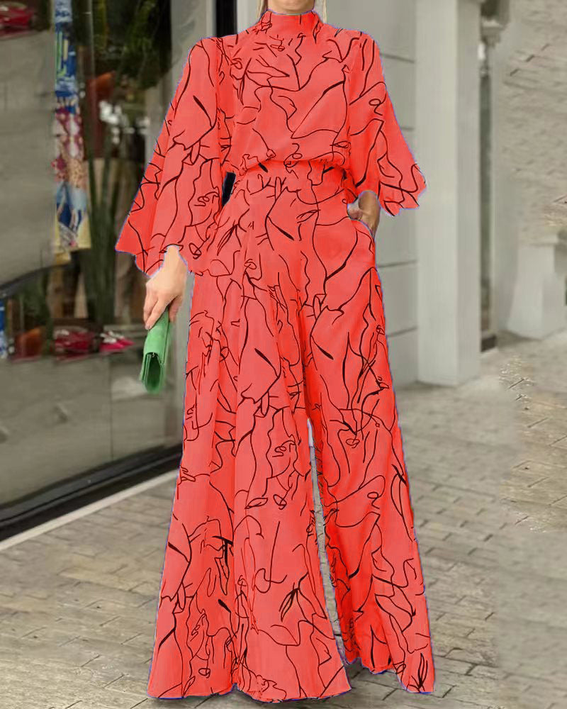 Damen Eleganter Longline Jumpsuit mit Stehkragen, Ballonärmeln und Seitentaschen Drune