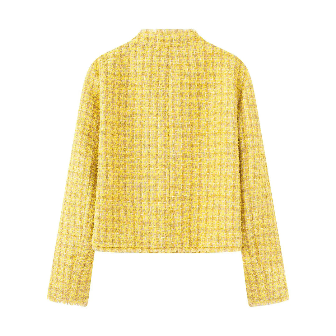 Damen nan kurze Bouclé-Tweedjacke mit goldenen Zierknöpfen, aufgesetzten Taschen und Fransenbesatz Drune