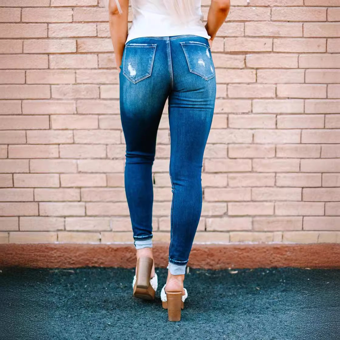 Damen hochtaillierte Skinny Jeans mit ausgefranstem Saum Drune