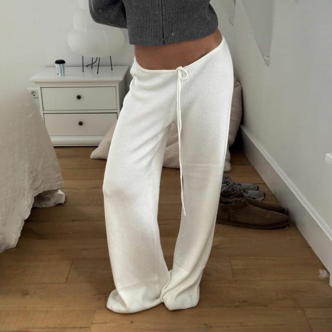 Damen nan lässige Lounge-Hose mit weitem Bein, elastischem Tunnelzugbund und feinem Rippstrick Drune