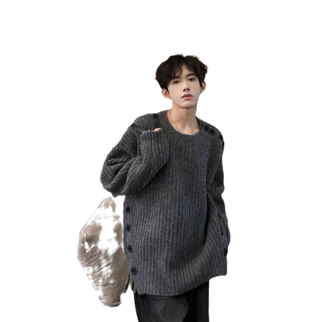 Herren Grobgestrickter Oversize-Pullover mit Rundhalsausschnitt und Schulterknopfleiste Drune