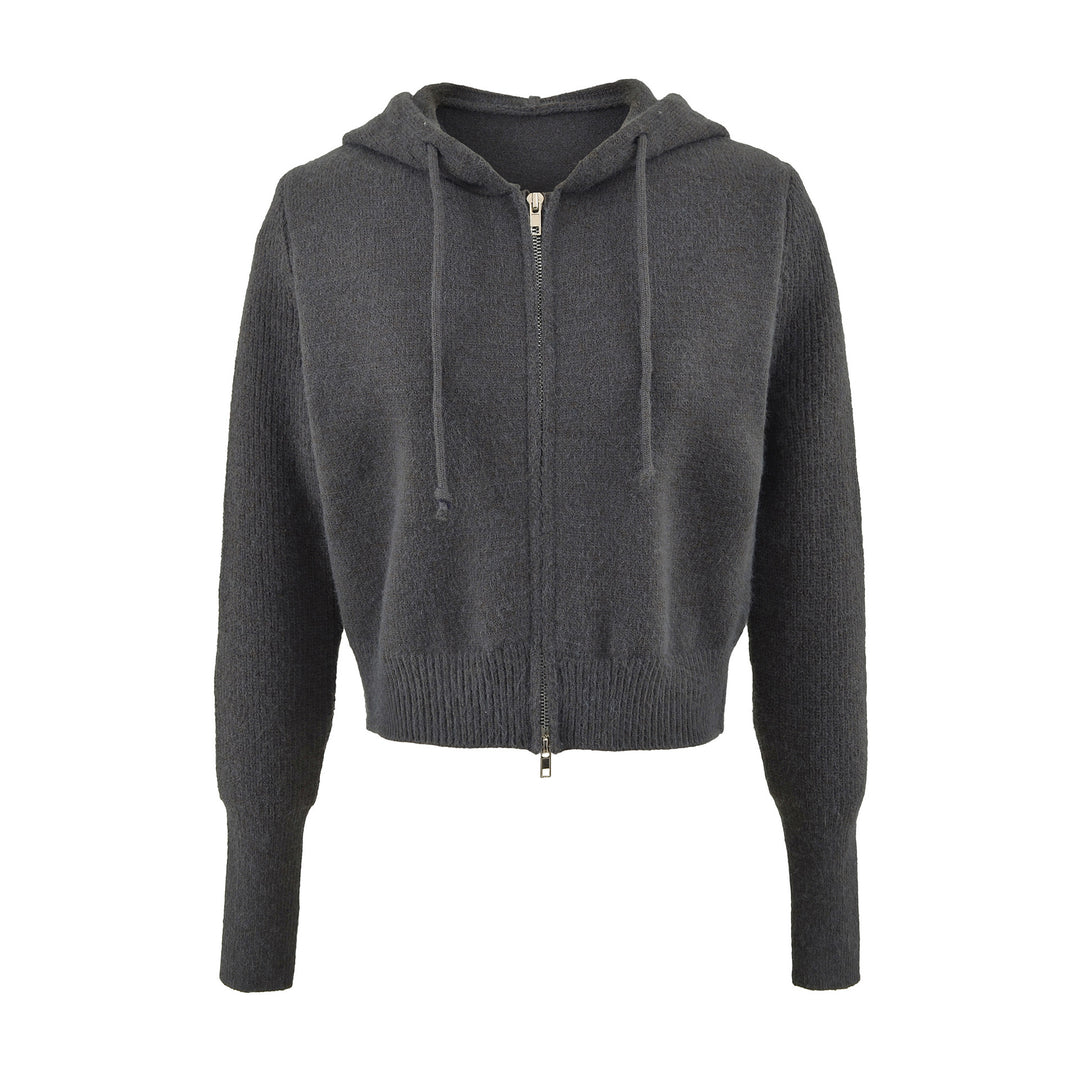 Damen Kurze Kapuzen-Strickjacke mit Reißverschluss und tailliertem Rippenbund Drune
