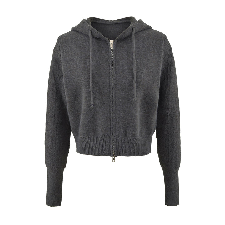 Damen Kurze Kapuzen-Strickjacke mit Reißverschluss und tailliertem Rippenbund Drune