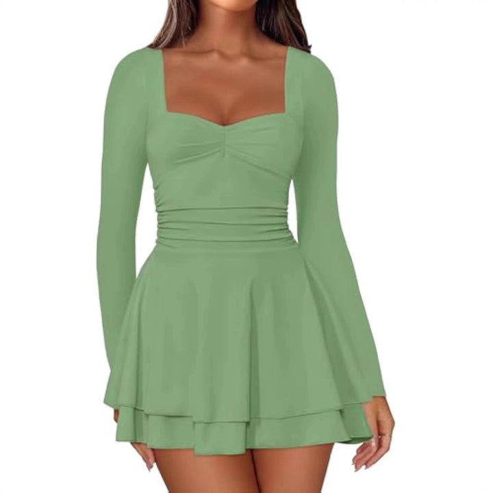 Damen Langarm-Minikleid mit quadratischem Ausschnitt, taillierter Raffung und zweilagigem Volantrock Drune