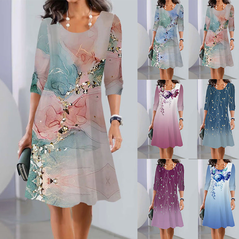 Damen A-Linien Kleid mit floralem Druck, U-Ausschnitt, Dreiviertelärmel und sanftem Ombre Drune