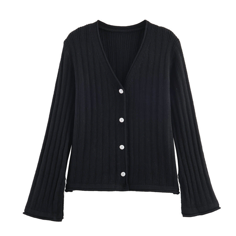 Damen Rippstrickjacke mit V-Ausschnitt und Knopfverschluss Drune