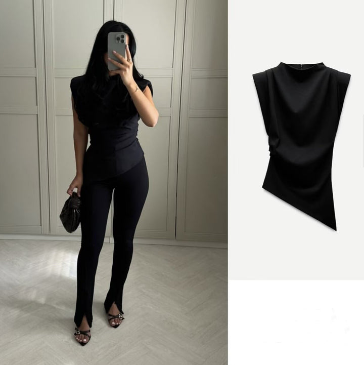 Damen elegantes ärmelloses Oberteil mit asymmetrischem Schnitt und feiner Drapierung Drune