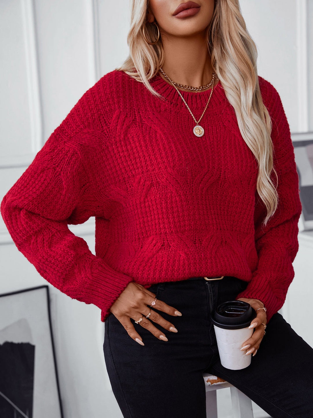 Drune uni Farbe Kabelstrickpullover