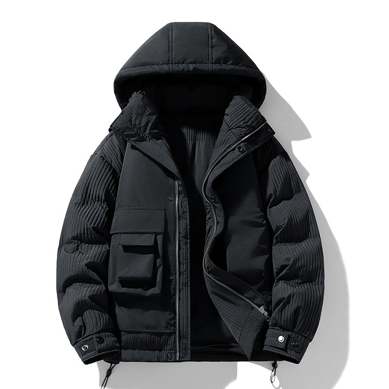 Herren Gepolsterte Winterjacke mit Kapuze, gesteppte Ärmel und Cargo-Taschen Drune
