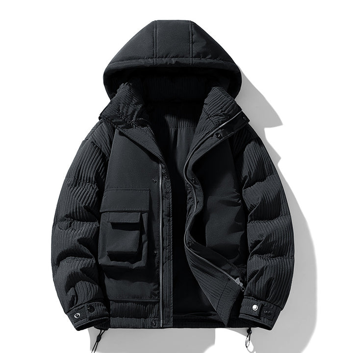 Herren Gepolsterte Winterjacke mit Kapuze, gesteppte Ärmel und Cargo-Taschen Drune