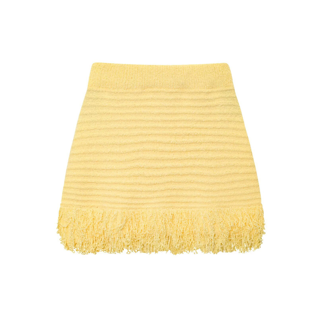 Damen Kurzarm-Strickjacke mit fransigem Saum und dekorativen Knöpfen Drune