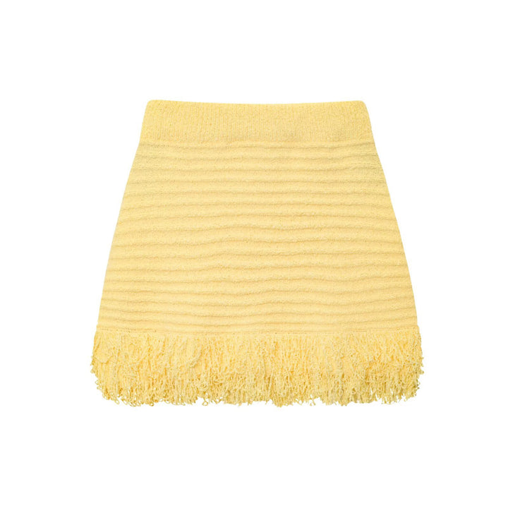 Damen Kurzarm-Strickjacke mit fransigem Saum und dekorativen Knöpfen Drune